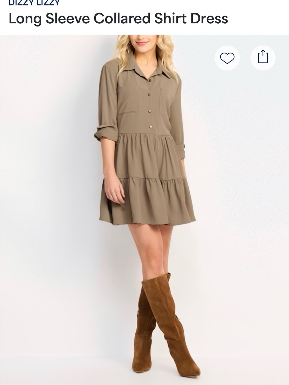 Long Sleeve Collared Shirt Dress - Olive